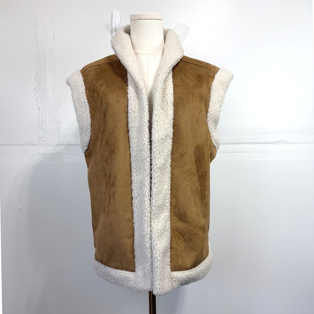 Old Navy Womens Faux Suede Sherpa Lined Vest Tan Brown Small Cozy Winter Layer